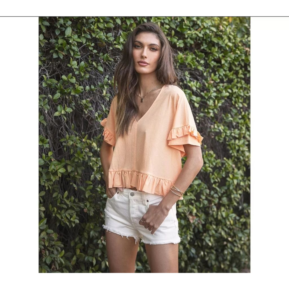 Bishop + Young Ruffled Sleeve Shirt Sunset 2X New